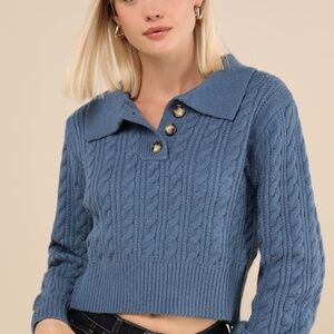 Lulus Cozy Agenda Dark Blue Collared Cable Knit Sweater - Size M